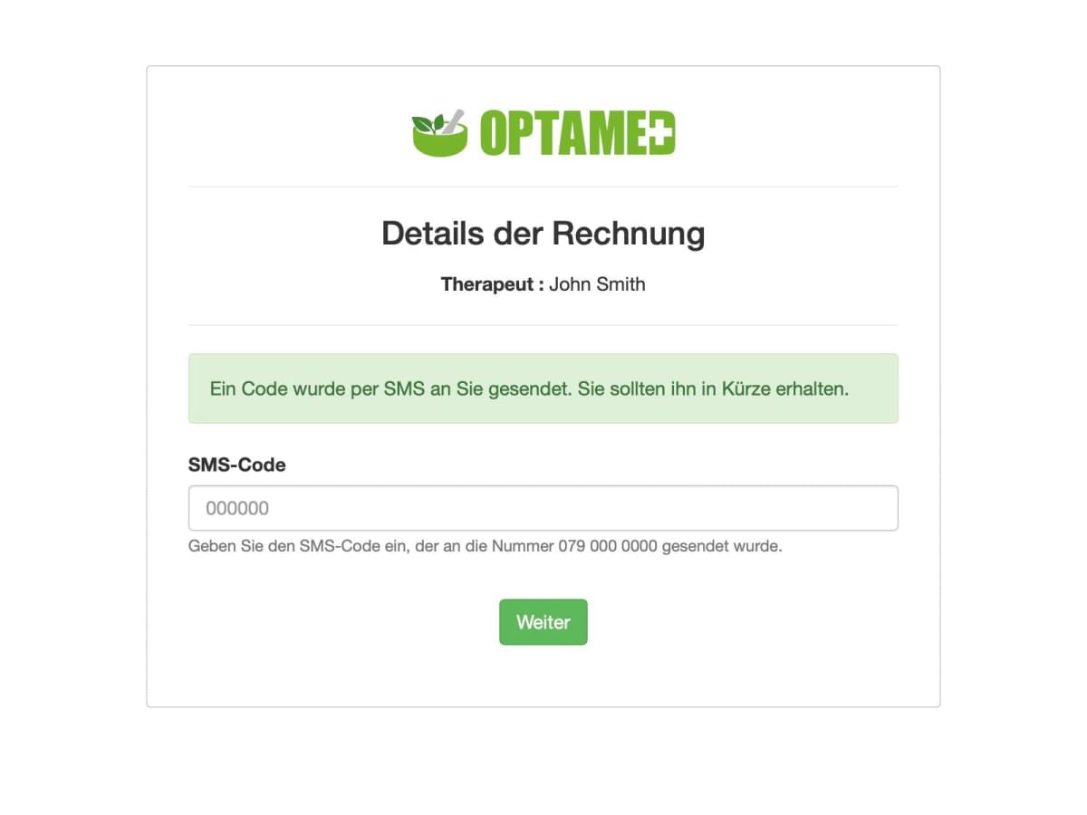 Formular zur Authentifizierung des Patienten mithilfe eines SMS-Codes.