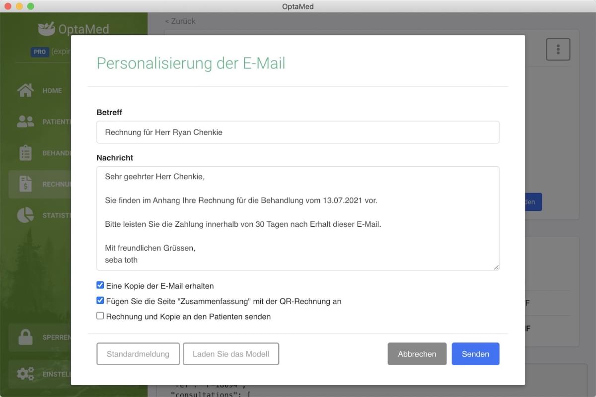 Seite zum Schreiben einer E-Mail aus der OptaMed-Anwendung