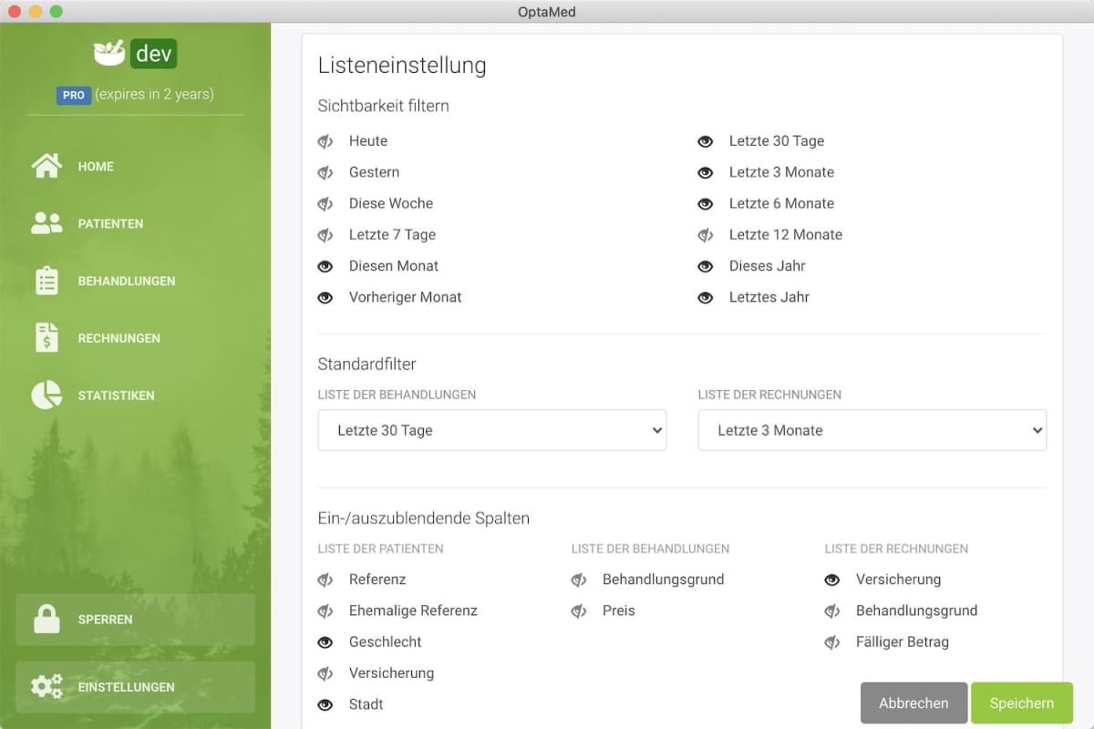 Einstellungsseite zur Konfiguration von Filtern in der OptaMed-Anwendung