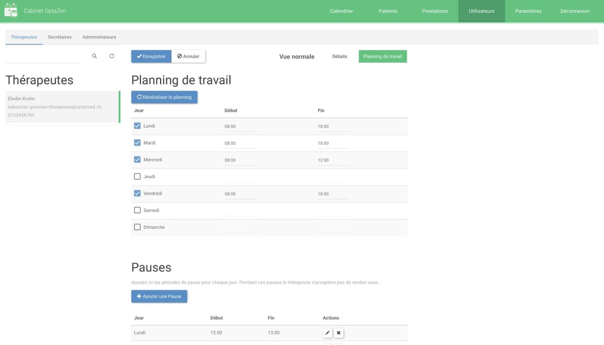 Management page of the online appointment module's schedule.