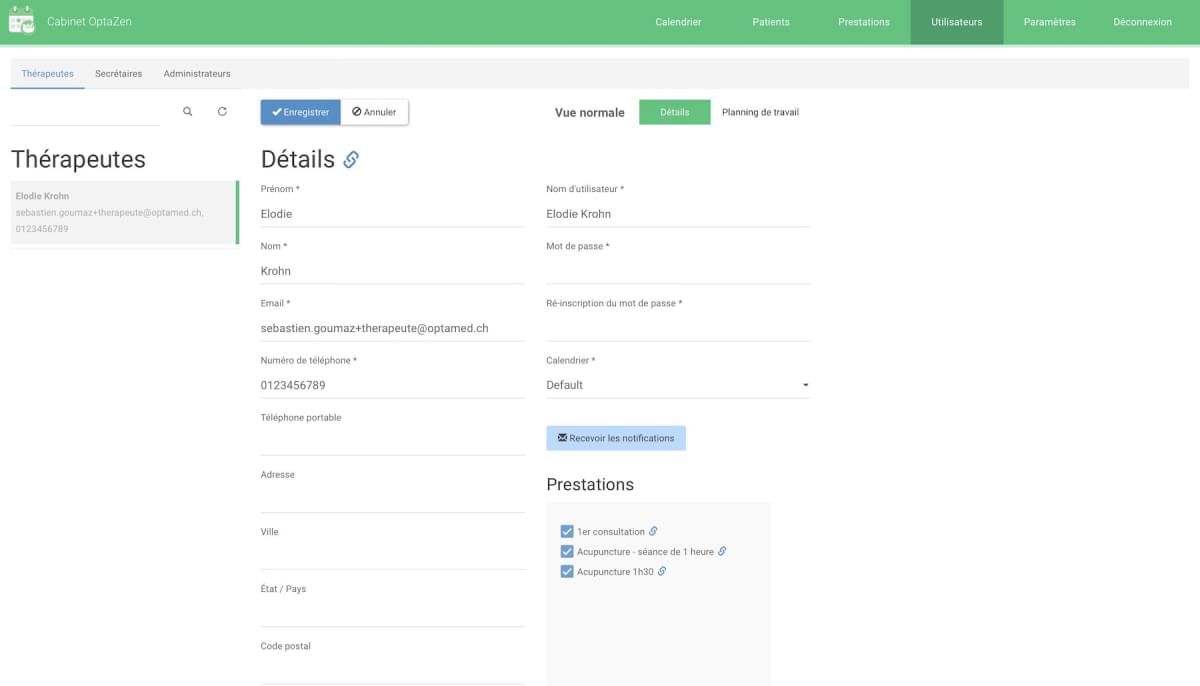 Therapist management page of the online appointment module.