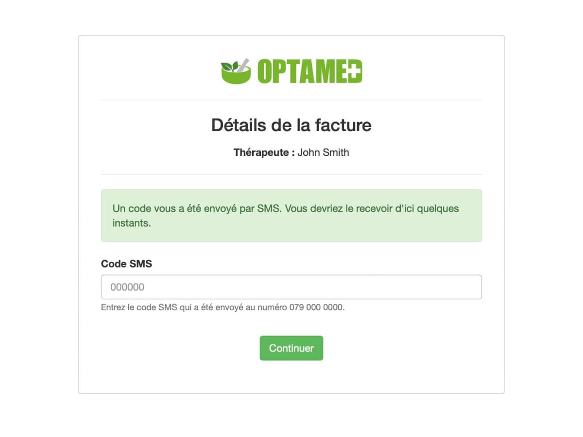 Formulaire d'authentification du patient grâce à un code SMS.