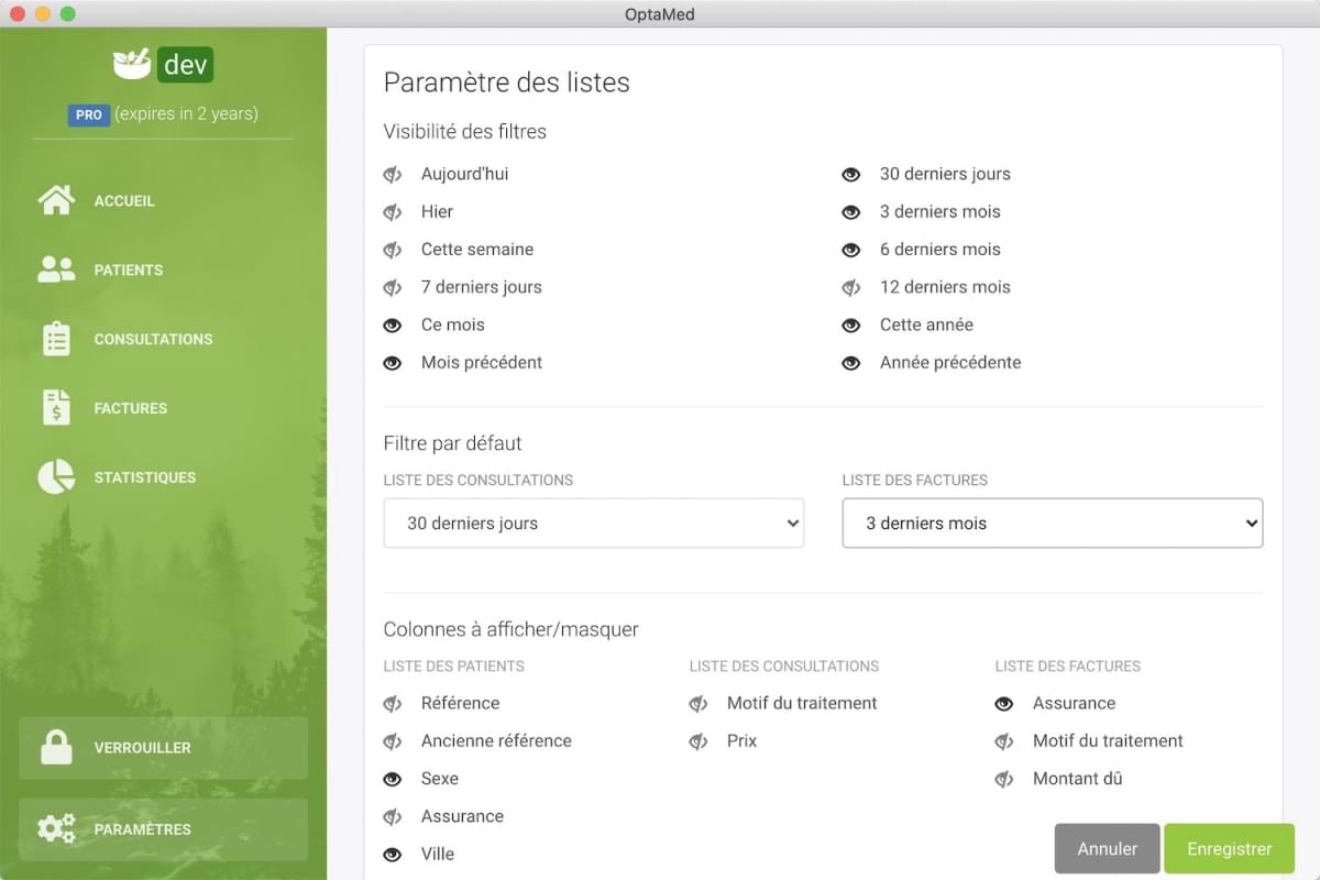 Pagina di impostazioni per la configurazione dei filtri nell'applicazione OptaMed
